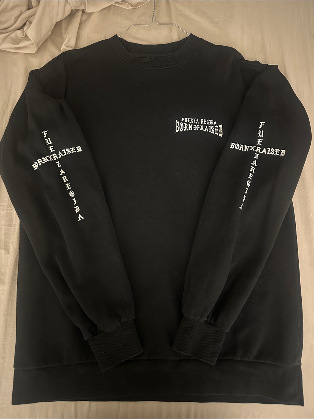 BORN X RAISED Black Crewneck with White Logo Sleeve Graphics